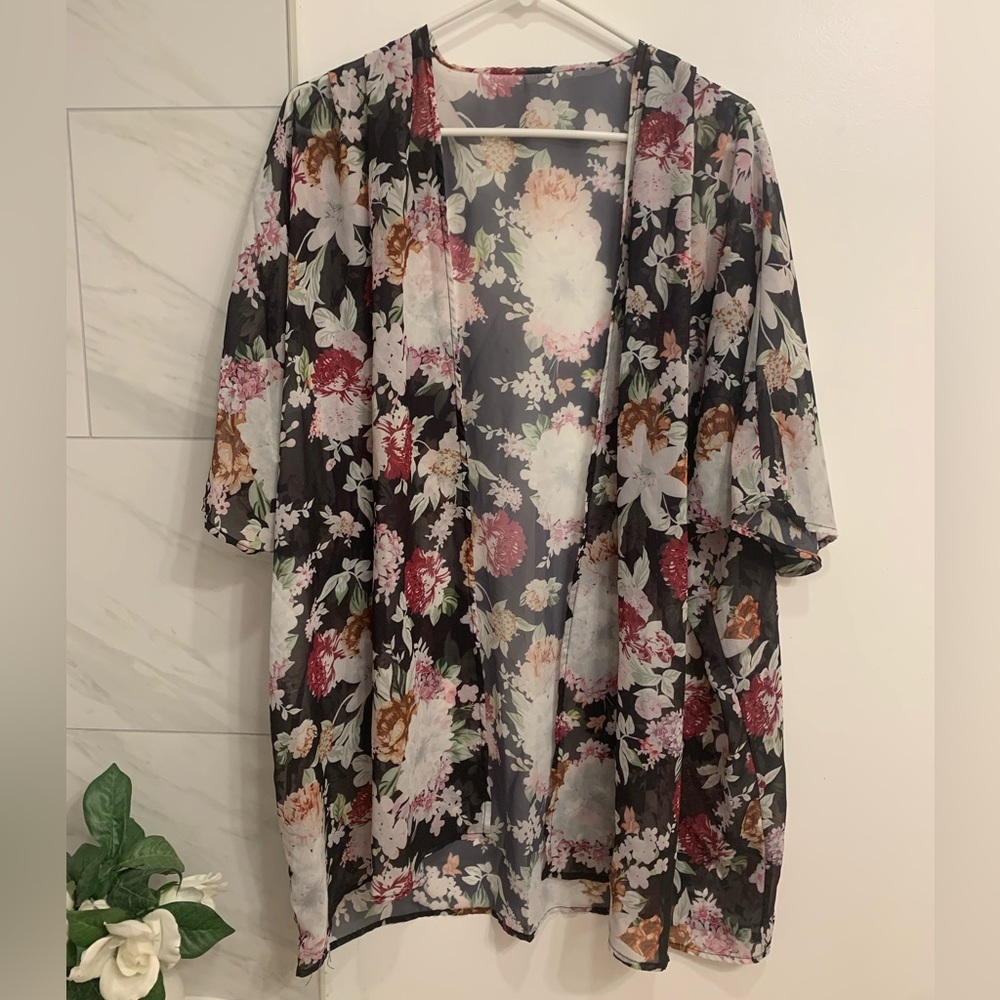 Womens Kimono | Black - Floral Chiffon Kimono| Boho Summer Beach Cover | M